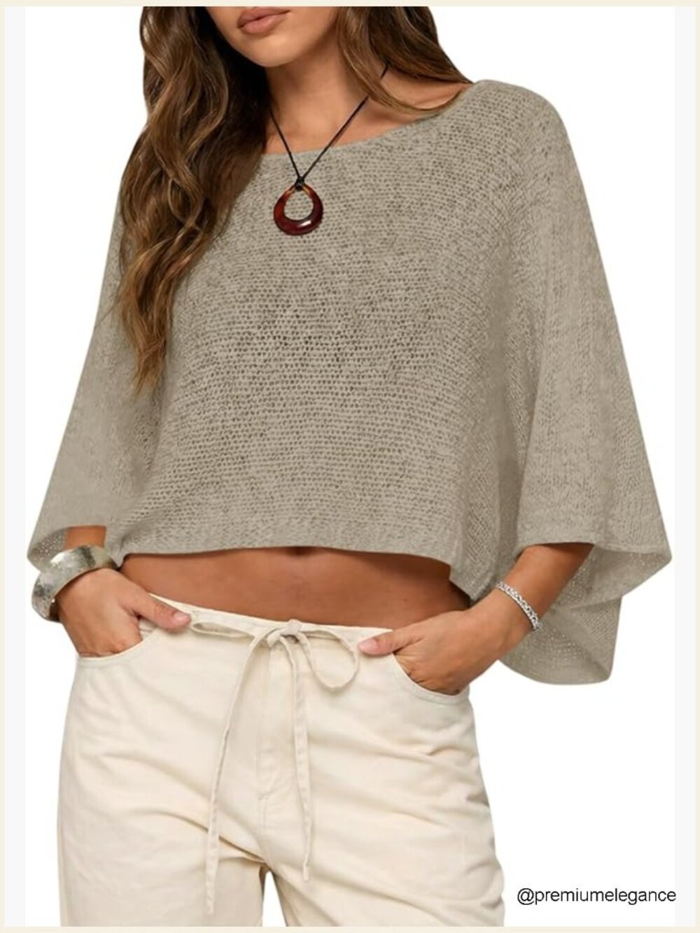 Crochet Cover Up Batwing Sleeve Crop Top Sheer Knit Poncho
